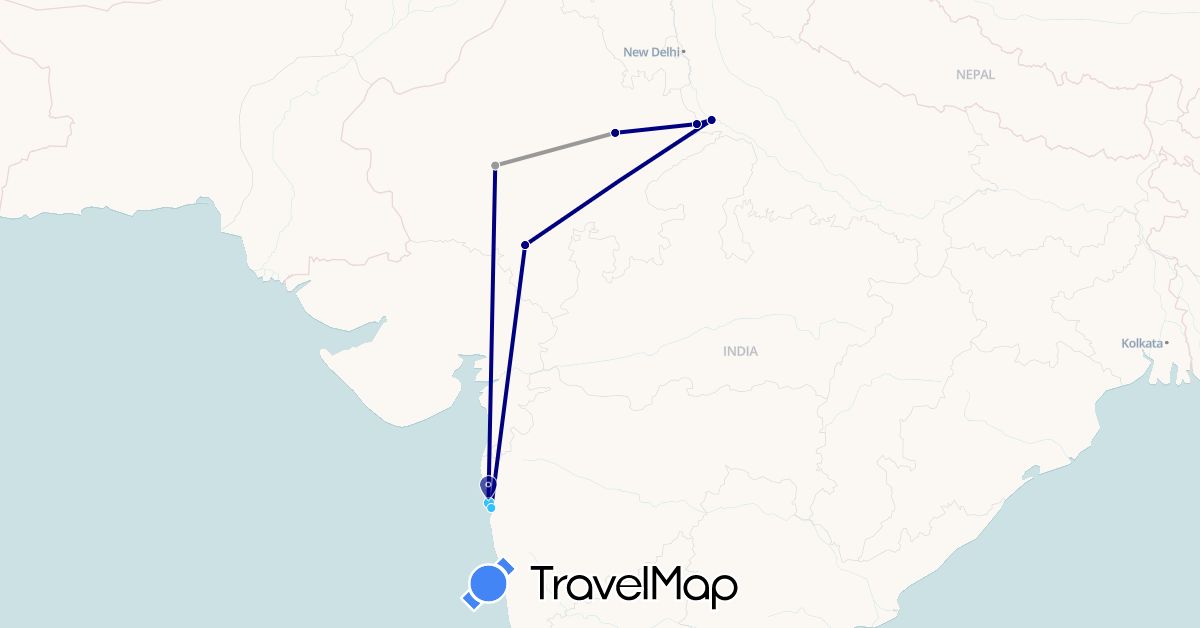 TravelMap itinerary: driving, plane, boat in India (Asia)